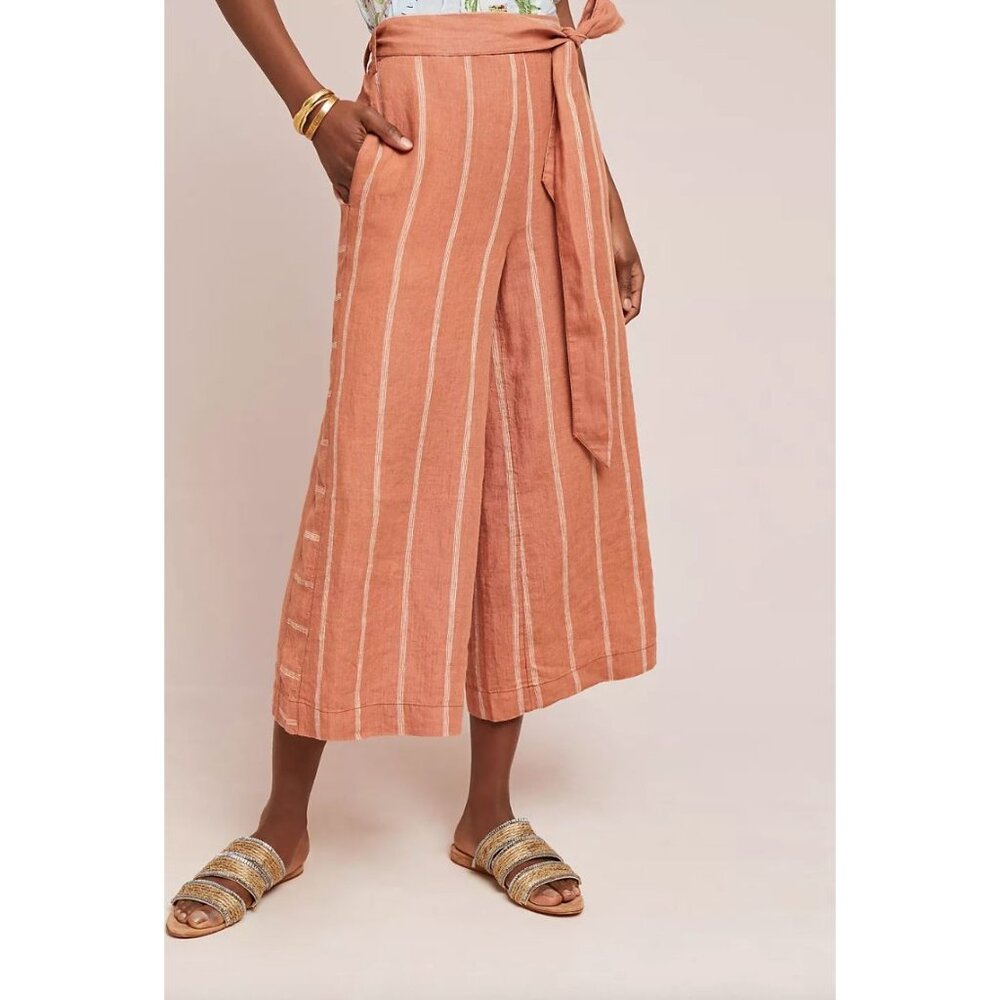 Anthropologie Womens XL Portia Linen Wide Leg Trousers Striped Pants Sand